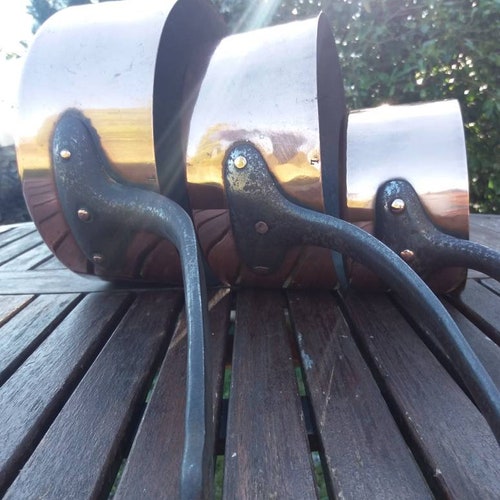 Antique French Copper Saucepans Set of 3 Copper Pans Cast Iron Handles Heavy Professional shops Copper Saucepans French Traditional Kitchen