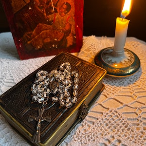 Antique Rosary Beads Catholic French Prayer Beads 16&quot; Long Clear Glass Vintage Rosary Beads Religious Jewelely Beads 5 Decades Rosary