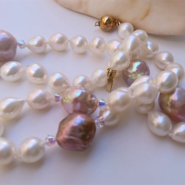 Pearl necklace. Chinese Kasumi. Freshwater pearl necklace. Swarovski crystals. Real pearl necklace. Pearl strand. Wedding necklace. #46