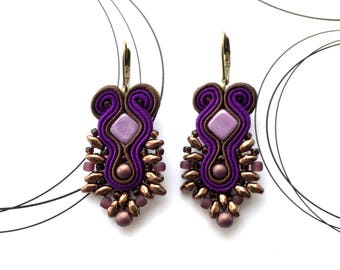 Brown Purple Earrings, Oriental Soutache Earrings, Soutache Jewelry, Ethnic Jewelry, Boho Earrings, Small Earrings, Beaded Earrings