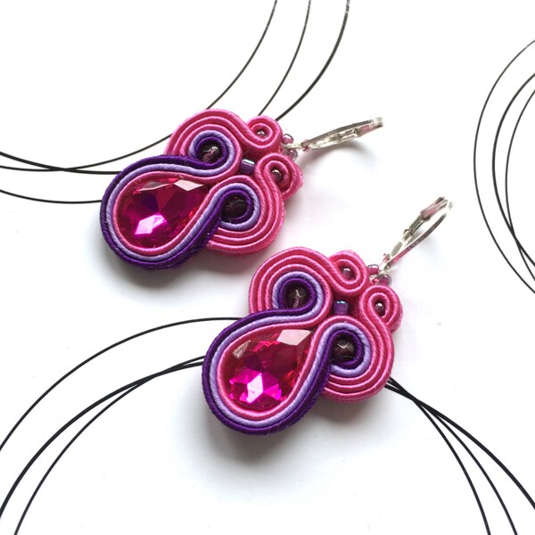 Pink Purple Earrings, Statement Earrings, Pink Soutache Jewelry, Glamour Earrings, Orecchini, Small Dangle Earrings, Fuchsia Earrings Gift