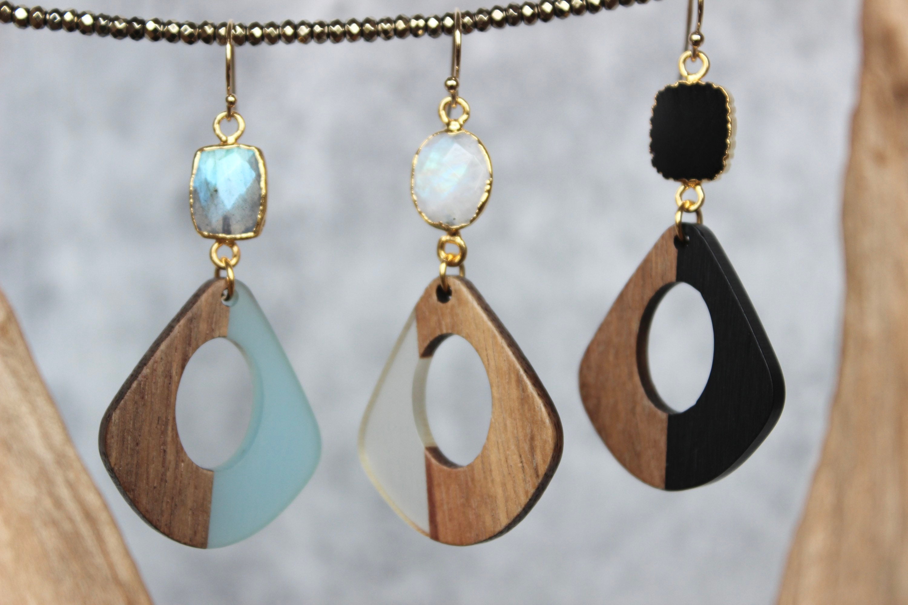 Wood and Resin Earrings with a stone dangle
