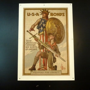 Póster original del bono de la Primera Guerra Mundial Joseph Christian Leyendecker "¡Tercera campaña de préstamo de la libertad, Boy Scouts of America!"