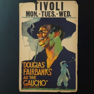 Opruimingsartikel. Originele filmraamkaart van "The Gaucho", 1927, ongelooflijk kleurrijke kunst van zacht rokende Douglas Fairbanks, nooit gevouwen!