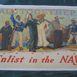Cartel de reclutamiento original de Henry Reuterdahl de la Primera Guerra Mundial "¡Todos juntos alistarse en la Marina!" 1917, vintage WWI, Marina, respaldo de lino, militaria