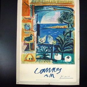 Raro, original "Cannes A.M." Póster de viaje francés, arte de Pablo Picasso, 1961, excelente estado general, respaldo de lino