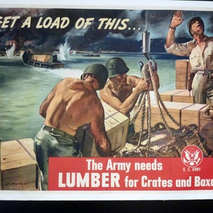 Raro cartel original de Homefront de la Segunda Guerra Mundial "¡El ejército necesita madera para cajones y cajas!" 1943