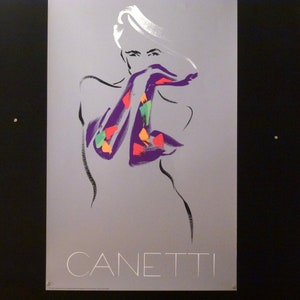 Clearance item.  Original Michel Canetti, French art print of a woman with colorful gloves, near mint, never folded, 1989.