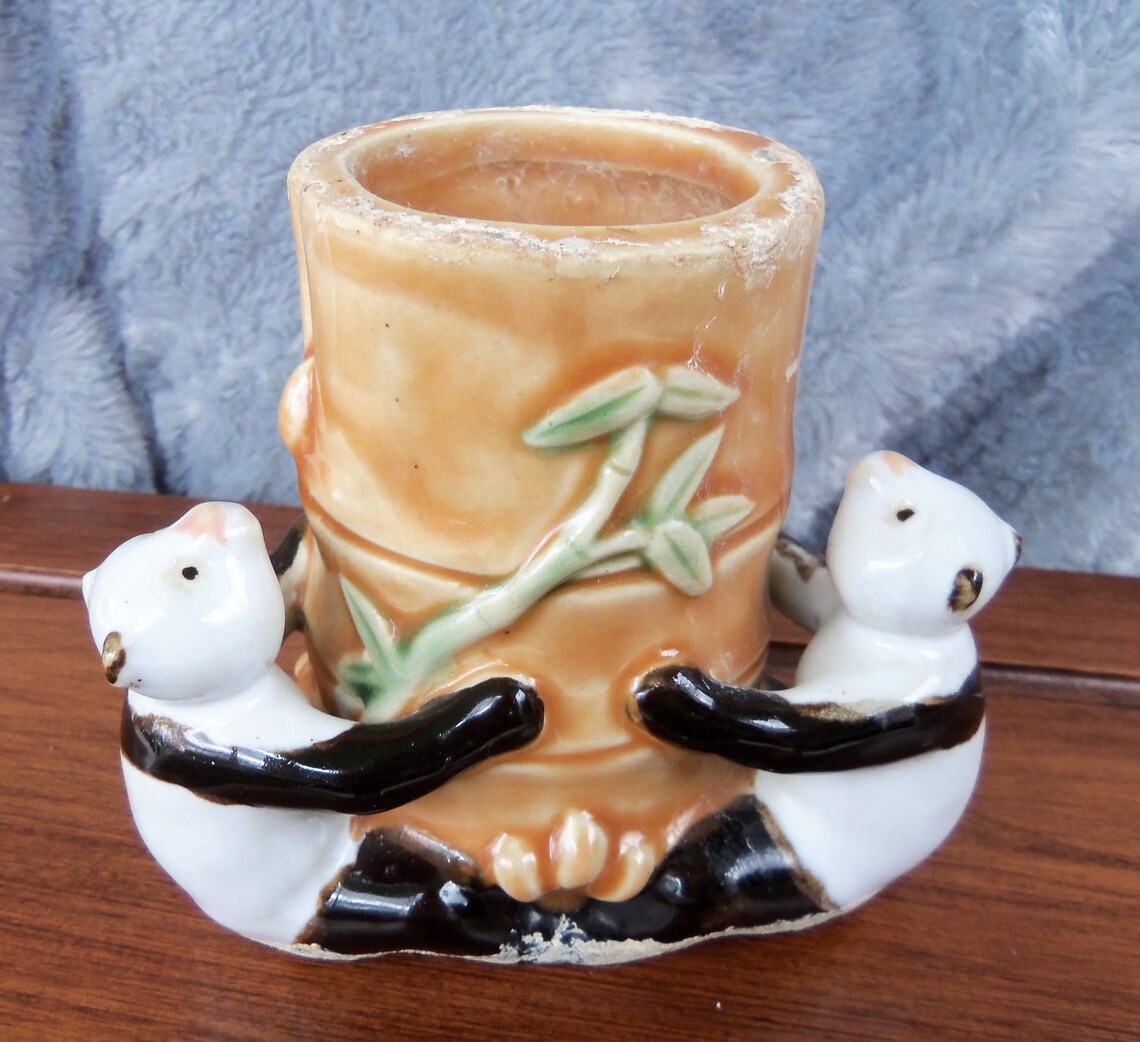 Vintage Asian Majolica Pottery Bamboo Planter With 3 Pandas Etsy