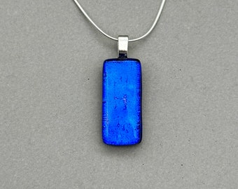 Dark Blue Dichroic Fused Glass Necklace/Multicoloured Pendant/Glass Jewellery/ 925 Sterling Silver or Silver Plated Chain/ Rectangle Pendant