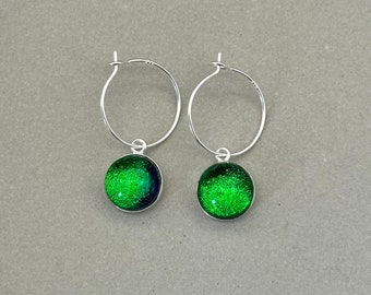 Emerald Green Dichroic Fused Glass Hoop Earrings/ Fused Glass Jewellery/ 925 Sterling Silver Hoop/Drop Earrings/Dangle Earrings/ Peacock