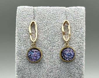 Purple Dichroic Fused Glass Oval Loop Earrings/ Fused Glass Jewellery/18k Gold Plated/Brass Nickel Free/ Drop Earrings/ Dangle Earrings