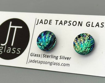 Multicoloured Dichroic Glass Studs/ Fused Glass Jewellery/ 925 Sterling Silver Ear Fittings/ Rainbow Earrings/ Patterned Studs