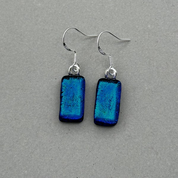 Dark Aqua Blue Dichroic Glass Dangle Earrings/ Fused Glass Jewellery/ 925 Sterling Silver Hook