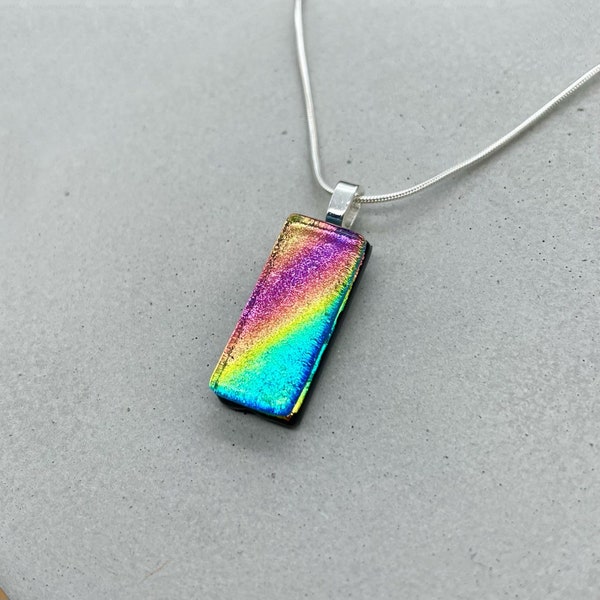 Rainbow Dichroic Fused Glass Necklace/Multicoloured Pendant/Glass Jewellery/ 925 Sterling Silver or Silver Plated Chain