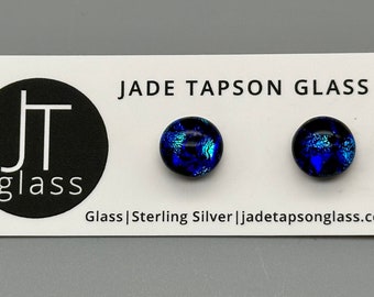 Blue & Purple Mermaid Dichroic Glass Studs/ Fused Glass Jewellery/ 925 Sterling Silver Ear Fittings/ Mermaid Earrings/ Patterned Studs