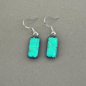 Green with Turquoise Shift Dichroic Glass Dangle Earrings/ Fused Glass Jewellery/ 925 Sterling Silver Hook