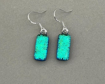 Green with Turquoise Shift Dichroic Glass Dangle Earrings/ Fused Glass Jewellery/ 925 Sterling Silver Hook