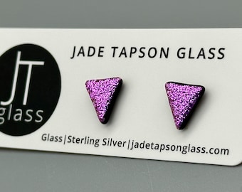 Pink Traingle fused glass studs/ Fused Glass Jewellery/ 925 Sterling Silver Ear Fittings/Matt Triangle Earrings/Textured Studs