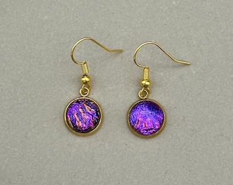 Purple & Pink Round Dichroic Fused Glass Dangle Earrings/ Fused Glass Jewellery/ 18k Gold Plated Hooks/ Circular Drops /Firework pattern