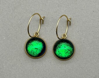 Emerald Green Dichroic Fused Glass Hoop Earrings/ Fused Glass Jewellery/18k Gold Plated Hoops/Surgical Steel/ Drop Earrings/Dangle Earrings
