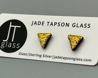 Orange Traingle fused glass studs/ Fused Glass Jewellery/ 925 Sterling Silver Ear Fittings/Matt Triangle Earrings/Textured Studs/ Crackle