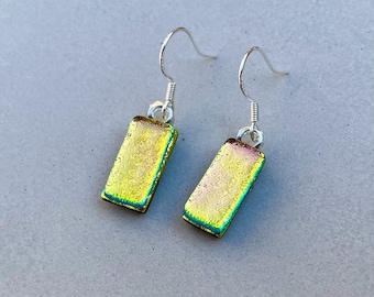 Pale Pink with Green shift Dichroic glass Dangle Earrings/ Fused Glass Jewellery/ 925 Sterling Silver Hook