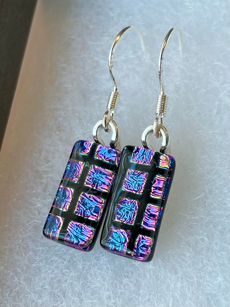 Multicoloured Square Patterned Dichroic Glass Dangle Earrings Fused Glass Jewellery 925 Sterling Silver Hook
