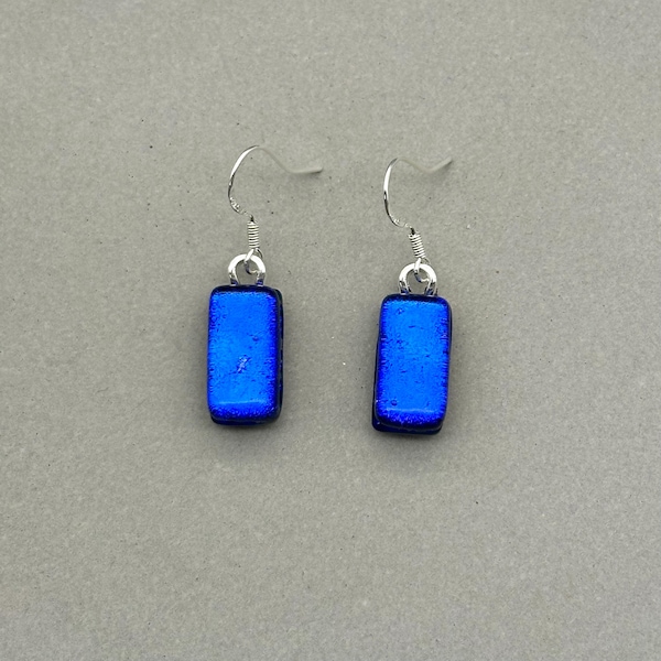 Cobalt Blue Dichroic Fused Glass Dangle Earrings: Sterling Silver or Silver Plated Hooks