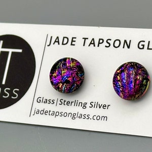 Multicoloured Dichroic Glass Studs/ Fused Glass Jewellery/ 925 Sterling Silver Ear Fittings/ Rainbow Earrings/ Patterned Studs