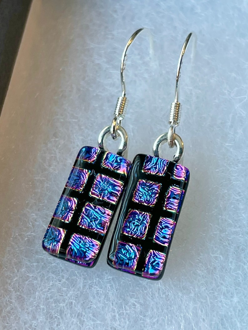 Multicoloured Square Patterned Dichroic Glass Dangle Earrings Fused Glass Jewellery 925 Sterling Silver Hook