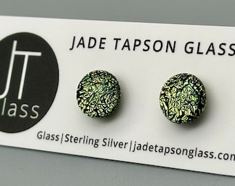 Yellow Green fused glass studs/ Fused Glass Jewellery/ 925 Sterling Silver Ear Fittings/Golden Stud Earrings/ Crinkle texture