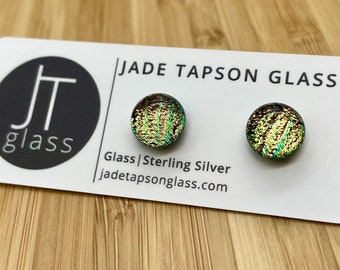 Yellow Stripy Dichroic Glass Studs/ Fused Glass Jewellery/ 925 Sterling Silver Ear Fittings/ Gold Earrings/ Patterned Studs