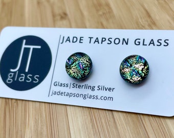 Yellow & Green Dichroic Glass Studs/ Fused Glass Jewellery/ 925 Sterling Silver Ear Fittings/ Gold Earrings/ Patterned Studs