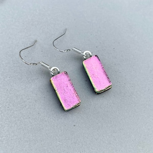 Pink and Green Dichroic Fused Glass Dangle Earrings: Sterling Silver or Silver Plated Hooks