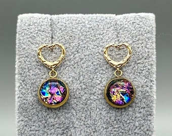 Multicoloured Dichroic Fused Glass Heart Earrings/ Fused Glass Jewellery/ 18k Gold Plated Heart Studs/ Brass/Drop Stud Earrings/ Dangle Stud