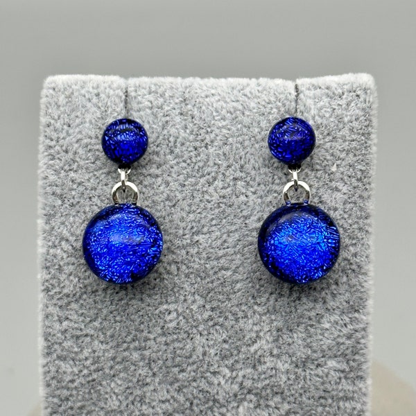 Double Dark Blue Glass Drop Stud Earrings/ Fused Glass Jewellery/ Stainless Steel Post & Butterfly/ Dangle Glass Earring/ Cobalt Blue ER