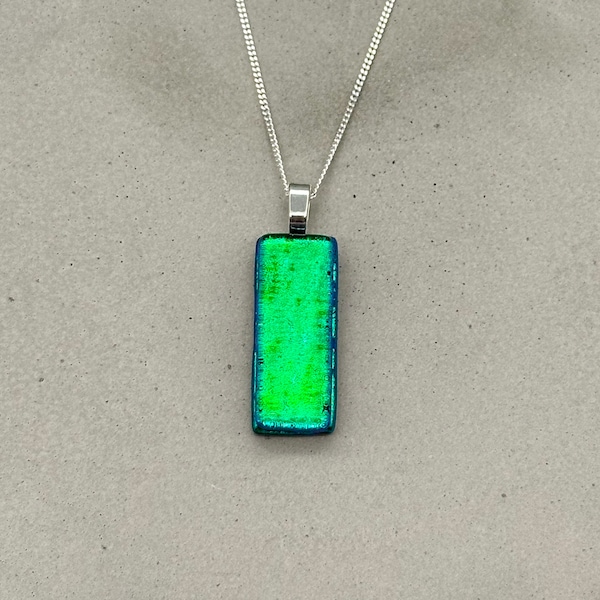 Emerald Green Dichroic Fused Glass Necklace/Multicoloured Pendant/Glass Jewellery/ 925 Sterling Silver or Silver Plated Chain