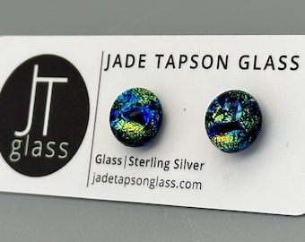 Blue & Green Dichroic glass studs/ Fused Glass Jewellery/ 925 Sterling Silver Ear Fittings/ Patterned Studs/ Rainbow Earrings