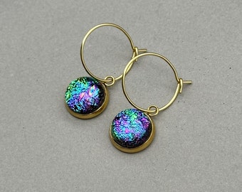 Blue & Green Dichroic Fused Glass Hoop Earrings/ Fused Glass Jewellery/ 18k Gold Plated Hoops/Surgical Steel/ Drop Earrings/Dangle Earrings