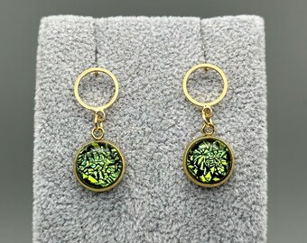 Green Dichroic Fused Glass Circle Stud Earrings/ Fused Glass Jewellery/ 18k Gold Plated/Drop Earrings/Dangle Earrings/ Ion Plated/ Crackle