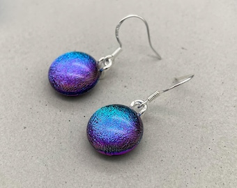 Blue/Green & Purple Round Dichroic Glass Dangle Earrings/ Fused Glass Jewellery/ 925 Sterling Silver Hook/ Circular Drop Earrings