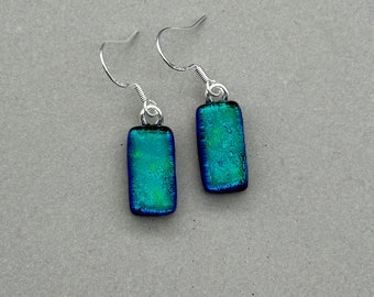 Peacock Green Dichroic Glass Dangle Earrings/ Fused Glass Jewellery/ 925 Sterling Silver Hook/Dark Green Drop Earrings