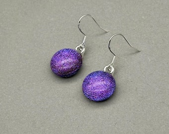 Purple Round Dichroic Fused Glass Dangle Earrings/ Fused Glass Jewellery/ 925 Sterling Silver Hook/ Circular Drop Earrings