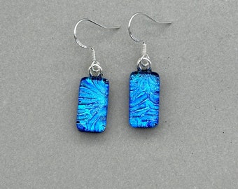 Blue Firework Dichroic Glass Dangle Earrings/ Fused Glass Jewellery/ 925 Sterling Silver Hook/ Patterned Earrings/ Flower Pattern