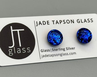 Dark Blue fused glass studs/ Fused Glass Jewellery/ 925 Sterling Silver Ear Fittings/Golden Stud Earrings/ Crinkle Texture/ Crazed Pattern