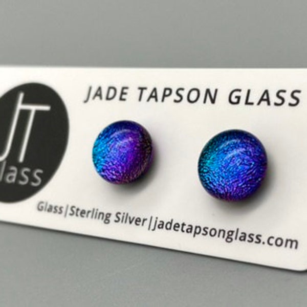 Blue, Purple & Magenta fused glass studs/ Fused Glass Jewellery/ 925 Sterling Silver Ear Fittings/Purple Stud Earrings