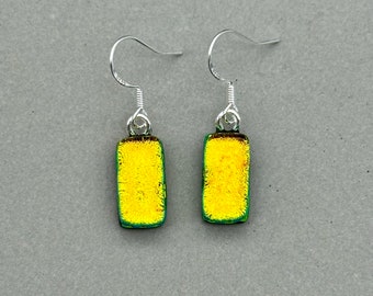 Orange Gold with Green shift Dichroic Glass Dangle Earrings/ Fused Glass Jewellery/ 925 Sterling Silver Hook