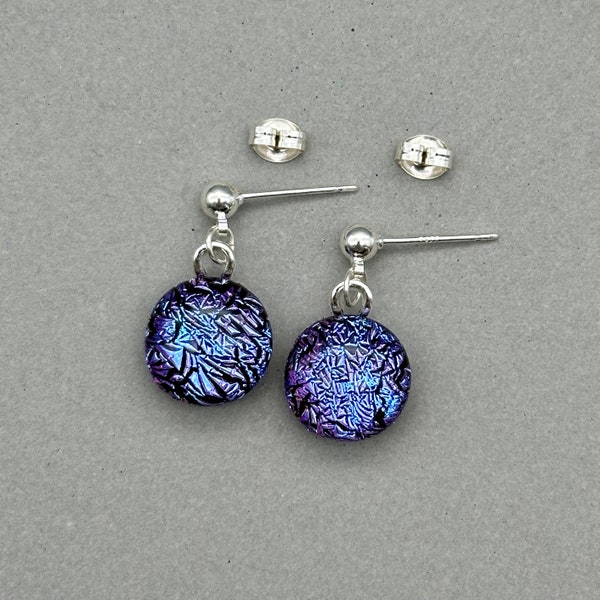 Purple Dichroic Glass Ball Drop Stud Earrings/ Fused Glass Jewellery/ 925 Sterling Silver Post & Butterfly/ Dangle Glass Earring