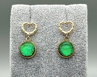 Green Dichroic Fused Glass Heart Earrings/ Fused Glass Jewellery/ 18k Gold Plated Heart Studs/ Brass/ Drop Stud Earrings/ Dangle Earrings